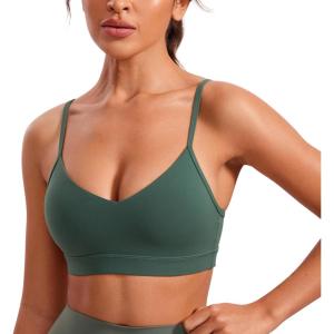 CRZ YOGA Butterluxe V-Neck Sports Bras for Women – Adjustable Thin Straps Padded Yoga Top Basic Wireless Camisole(Dark Forest Green)