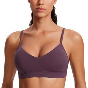 CRZ YOGA Butterluxe V-Neck Sports Bras for Women – Adjustable Thin Straps Padded Yoga Top Basic Wireless Camisole(Grape Thistle Purple)