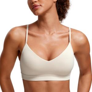 CRZ YOGA Butterluxe V-Neck Sports Bras for Women – Adjustable Thin Straps Padded Yoga Top Basic Wireless Camisole(Mojave Tan)