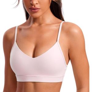 CRZ YOGA Butterluxe V-Neck Sports Bras for Women – Adjustable Thin Straps Padded Yoga Top Basic Wireless Camisole(Strawberry Pink)