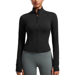 CRZ YOGA Butterluxe Waist Length Jackets for Women – Full Zip Athletic Track Tops with Thumb Holes Pockets(Black)