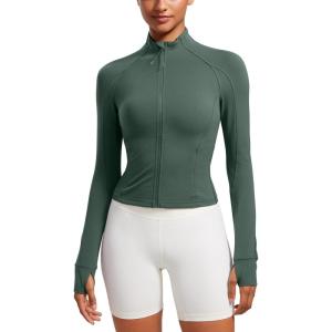 CRZ YOGA Butterluxe Waist Length Jackets for Women – Full Zip Athletic Track Tops with Thumb Holes Pockets(Dark Forest Green)