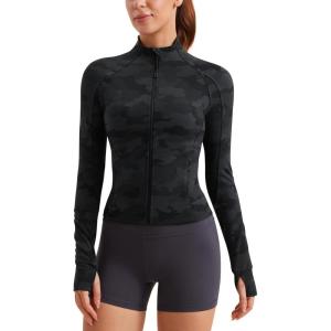 CRZ YOGA Butterluxe Waist Length Jackets for Women – Full Zip Athletic Track Tops with Thumb Holes Pockets(Dark Grey Camouflage 2)
