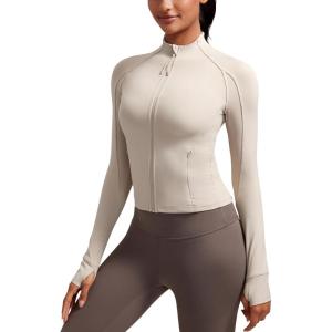 CRZ YOGA Butterluxe Waist Length Jackets for Women – Full Zip Athletic Track Tops with Thumb Holes Pockets(Mojave Tan)