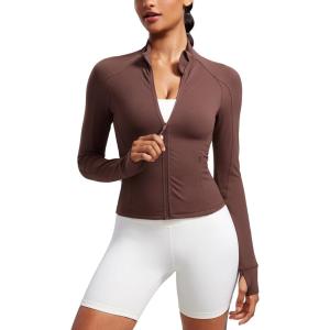 CRZ YOGA Butterluxe Waist Length Jackets for Women – Full Zip Athletic Track Tops with Thumb Holes Pockets(Taupe)