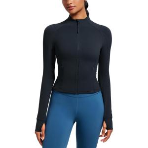 CRZ YOGA Butterluxe Waist Length Jackets for Women – Full Zip Athletic Track Tops with Thumb Holes Pockets(True Navy)