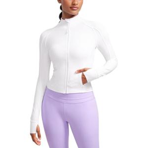 CRZ YOGA Butterluxe Waist Length Jackets for Women – Full Zip Athletic Track Tops with Thumb Holes Pockets(White)
