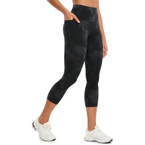CRZ YOGA Butterluxe Workout Capri Leggings Pockets 21″ – High Waisted Gym Athletic Womens Crop Yoga(Black Tie Dye Flowers)