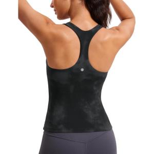 CRZ YOGA Butterluxe Workout Racerback Tank Tops for Women – Padded Athletic Spandex Yoga Shirts with Built in Bra(Black Tie Dye Flowers)