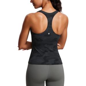 CRZ YOGA Butterluxe Workout Racerback Tank Tops for Women – Padded Athletic Spandex Yoga Shirts with Built in Bra(Dark Grey Camouflage 2)