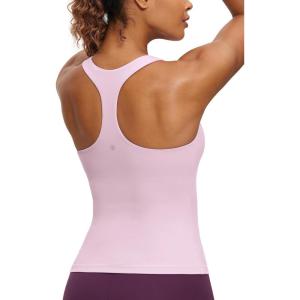 CRZ YOGA Butterluxe Workout Racerback Tank Tops for Women – Padded Athletic Spandex Yoga Shirts with Built in Bra(Pink Peony)