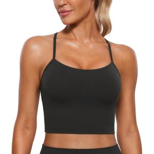 CRZ YOGA Butterluxe Y Back Crop Tank Tops for Women – Spaghetti Straps Racerback Padded Yoga Workout Longline Sports Bras(Black)