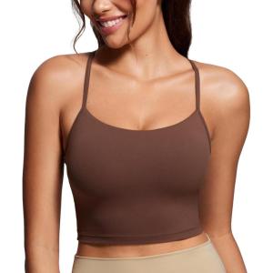 CRZ YOGA Butterluxe Y Back Crop Tank Tops for Women – Spaghetti Straps Racerback Padded Yoga Workout Longline Sports Bras(Coffee Brown)