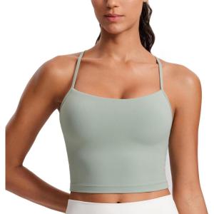CRZ YOGA Butterluxe Y Back Crop Tank Tops for Women – Spaghetti Straps Racerback Padded Yoga Workout Longline Sports Bras(Green Palm Court)