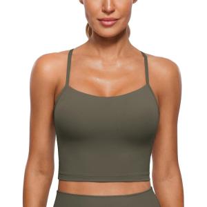 CRZ YOGA Butterluxe Y Back Crop Tank Tops for Women – Spaghetti Straps Racerback Padded Yoga Workout Longline Sports Bras(Light Army Green)