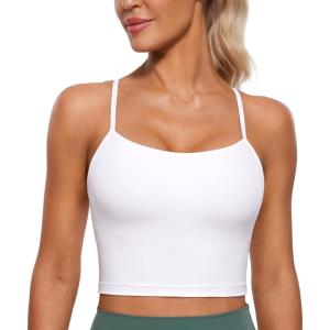 CRZ YOGA Butterluxe Y Back Crop Tank Tops for Women – Spaghetti Straps Racerback Padded Yoga Workout Longline Sports Bras(White)