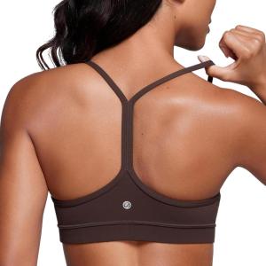 CRZ YOGA Butterluxe Y Back Sports Bras for Women – Padded Racerback Low Impact Spaghetti Thin Strap Workout Yoga Top(Hot Fudge Brown)