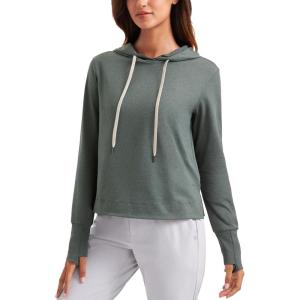 CRZ YOGA Cloud Jersey Pullover Hoodies for Women Long Sleeve Hooded Workout Sweat Shirts Casual Yoga Tops with Thumb Holes(Grey Sage)