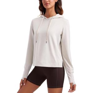 CRZ YOGA Cloud Jersey Pullover Hoodies for Women Long Sleeve Hooded Workout Sweat Shirts Casual Yoga Tops with Thumb Holes(Milky White)