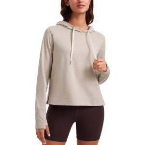 CRZ YOGA Cloud Jersey Pullover Hoodies for Women Long Sleeve Hooded Workout Sweat Shirts Casual Yoga Tops with Thumb Holes(Mojave Tan)