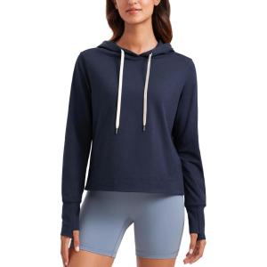 CRZ YOGA Cloud Jersey Pullover Hoodies for Women Long Sleeve Hooded Workout Sweat Shirts Casual Yoga Tops with Thumb Holes(Navy)