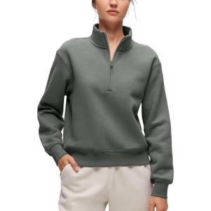 CRZ YOGA Cotton Fleece Lined Half Zip Sweatshirt for Women – Pullover Funnel Neck Workout Casual Sweat Shirts with Pocket(Grey Sage)