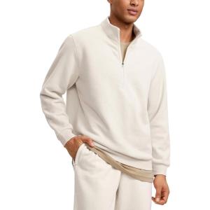 CRZ YOGA Cotton Fleece Lined Half Zip Sweatshirts for Men – Mock Neck Pullover Sweat Shirts Casual Workout Daily Sweaters(White Apricot)