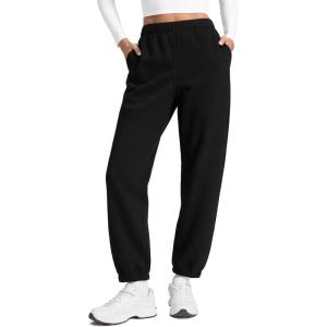 CRZ YOGA Cotton Fleece Lined Jogger Sweatpants Women 28″ – Casual Lounge Travel Pants with Pockets Winter Warm(Black)