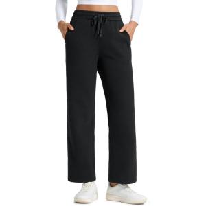 CRZ YOGA Cotton Fleece Lined Sweatpants Women 28″/30″/32″ – Straight Leg Casual Lounge Pants with Pockets Winter Warm(Black)