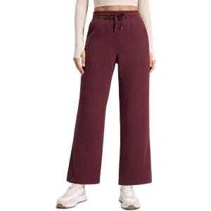 CRZ YOGA Cotton Fleece Lined Sweatpants Women 28″/30″/32″ – Straight Leg Casual Lounge Pants with Pockets Winter Warm(Dark Red)