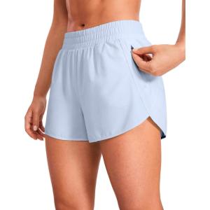 CRZ YOGA Dolphin Athletic Shorts for Women 3″ – High Waisted Quick Dry for Running Workout Gym Track with Zip Pocket(Blue Linen)