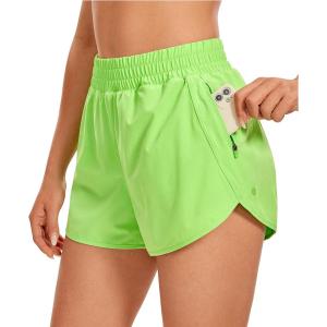 CRZ YOGA Dolphin Athletic Shorts for Women 3″ – High Waisted Quick Dry for Running Workout Gym Track with Zip Pocket(Green Glow)