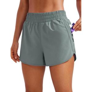 CRZ YOGA Dolphin Athletic Shorts for Women 3″ – High Waisted Quick Dry for Running Workout Gym Track with Zip Pocket(Grey Sage)