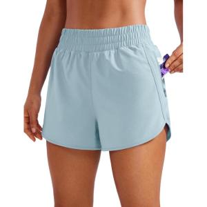CRZ YOGA Dolphin Athletic Shorts for Women 3″ – High Waisted Quick Dry for Running Workout Gym Track with Zip Pocket(Light Grayish Blue)