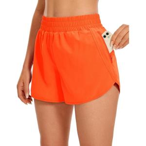 CRZ YOGA Dolphin Athletic Shorts for Women 3″ – High Waisted Quick Dry for Running Workout Gym Track with Zip Pocket(Neon Orange)