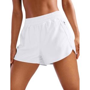 CRZ YOGA Dolphin Athletic Shorts for Women 3″ – High Waisted Quick Dry for Running Workout Gym Track with Zip Pocket(White)