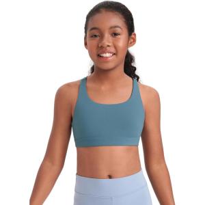 CRZ YOGA Girls Butterluxe Strappy Back Sports Bra – Yoga Athletic Casual Tops Scoop Neck Padded Crop Kids Teen(Blue Ashes)