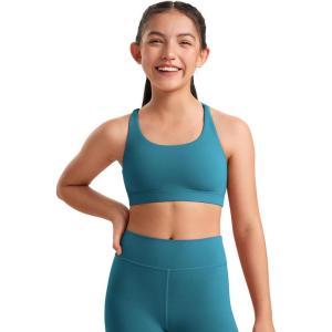 CRZ YOGA Girls Butterluxe Strappy Back Sports Bra – Yoga Athletic Casual Tops Scoop Neck Padded Crop Kids Teen(Borealis Green)