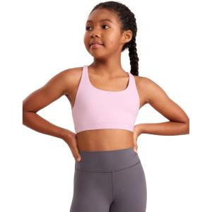CRZ YOGA Girls Butterluxe Strappy Back Sports Bra – Yoga Athletic Casual Tops Scoop Neck Padded Crop Kids Teen(Pink Peony)