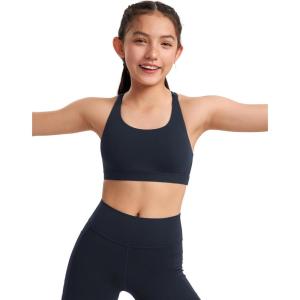 CRZ YOGA Girls Butterluxe Strappy Back Sports Bra – Yoga Athletic Casual Tops Scoop Neck Padded Crop Kids Teen(True Navy)