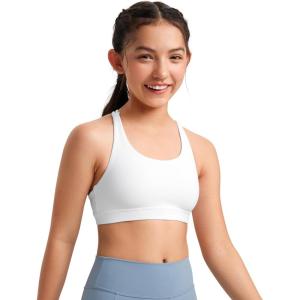 CRZ YOGA Girls Butterluxe Strappy Back Sports Bra – Yoga Athletic Casual Tops Scoop Neck Padded Crop Kids Teen(White)
