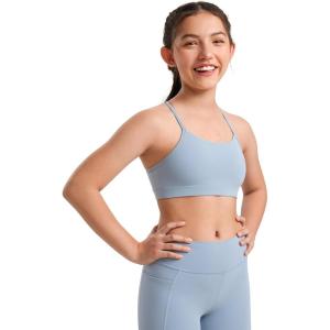 CRZ YOGA Girls Butterluxe Y Back Sports Bra – Yoga Athletic Casual Tops Scoop Neck Spaghetti Strap Padded Crop Kids Teen(Cambric Blue)