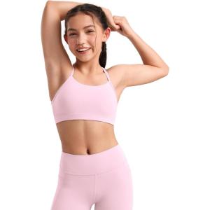 CRZ YOGA Girls Butterluxe Y Back Sports Bra – Yoga Athletic Casual Tops Scoop Neck Spaghetti Strap Padded Crop Kids Teen(Pink Peony)
