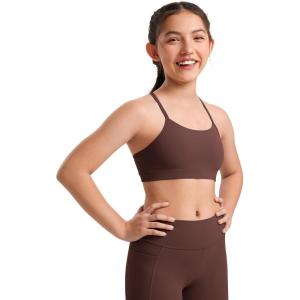 CRZ YOGA Girls Butterluxe Y Back Sports Bra – Yoga Athletic Casual Tops Scoop Neck Spaghetti Strap Padded Crop Kids Teen(Taupe)