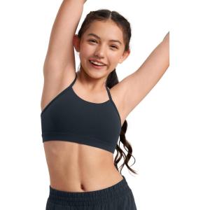 CRZ YOGA Girls Butterluxe Y Back Sports Bra – Yoga Athletic Casual Tops Scoop Neck Spaghetti Strap Padded Crop Kids Teen(True Navy)