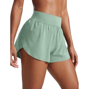 CRZ YOGA High Waisted Split Running Shorts for Women 3″ – Comfy Mesh Liner for Workout Athletic GymTrack Quick Dry(Green Palm Court)