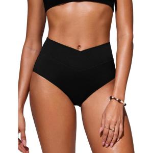 CRZ YOGA High Waisted V Cut Bikini Bottom for Women – Cross Front Bathing Swimsuit Full Coverage Swim Briefs(Black)