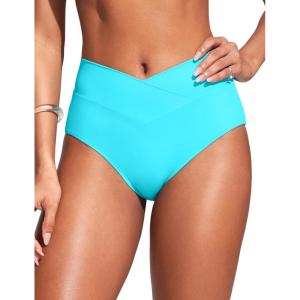 CRZ YOGA High Waisted V Cut Bikini Bottom for Women – Cross Front Bathing Swimsuit Full Coverage Swim Briefs(Turquoise)