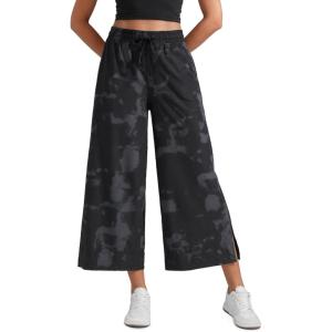 CRZ YOGA Lightweight Wide Leg Cropped Pants for Women 25″ – Casual Travel Work Sweatpants Summer(Black Tie Dye Flowers)