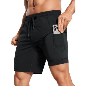 CRZ YOGA Mens 2 in 1 Running Shorts 7″ – Lined Workout Quick Dry Lightweight for Sports Athletic with Pockets(Black)